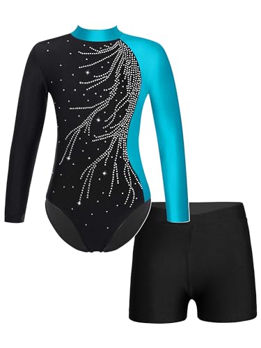 MSemis Kinder Turnanzug Gymnastikanzug Mädchen Leotard mit Shorts Langarm Trikot Training Dancewear Gymnastikbody Tanzbekleidung See Blau E 134-140 von MSemis