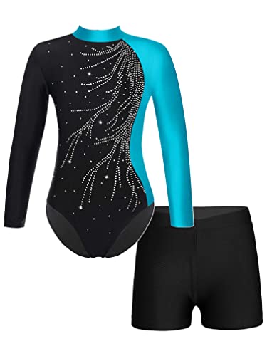 MSemis Gymnastikanzug Kinder Mädchen Langarm Turnanzug Trikotanzug Gymnastikbody MIT Shorts Training Tanzbekleidung Dancewear See Blau 146-152 von MSemis