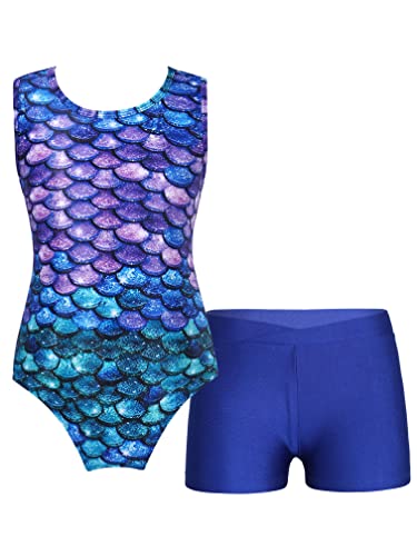 MSemis Kinder Turnanzug Mädchen Metallic Gymnastikanzug Trikot Ärmellos Asymmetrischer Schulterriemen Ballett Body mit Shorts Tanzbekleidung Bunte Fischschuppen A 158-164 von MSemis