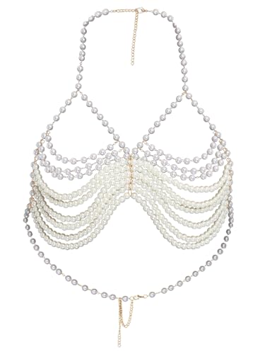 MSemis Körperkette Damen Faux Pearl Body Chain Hollow Out Kette Körperzubehör Schmuck für Frauen Nachtclub Rave Outfit Typ E Einheitsgröße von MSemis