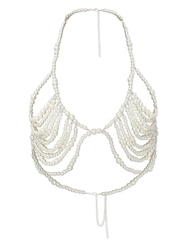 MSemis Körperkette Damen Faux Pearl Body Chain Hollow Out Kette Körperzubehör Schmuck für Frauen Nachtclub Rave Outfit Typ F Einheitsgröße von MSemis