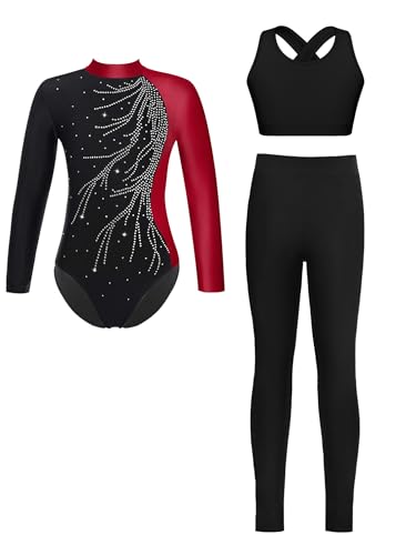 MSemis Mädchen 3-teiliger Turnanzug Langarm Turntrikot Mit Crop Top Leggings set Glänzend Gymnastikanzug für 3-12 Jahre Burgundy 134-140 von MSemis