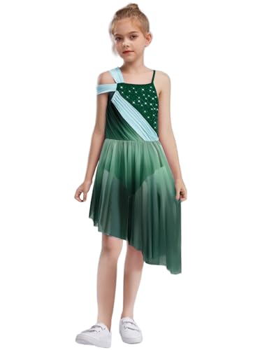 MSemis Mädchen Asymmetrisches Lyrisches Tanzkostüm Ärmellos Strass Ballett Trikot Leotard Modern Tanzkleidung Grün 122-128 von MSemis