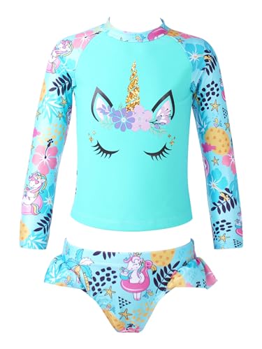 MSemis Mädchen Badebekleidung Rash Guard Langarm Badeanzug UV-Schutz Zweiteiler Bikini Tankini Set Flamingo Badeshirt + Slips Gr. 86-128 Q Karikatur Blau 122-128 von MSemis