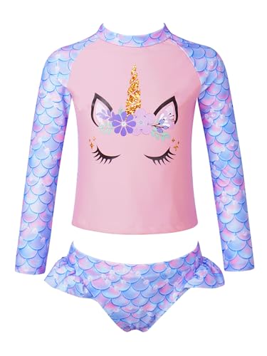 MSemis Mädchen Badebekleidung Rash Guard Langarm Badeanzug UV-Schutz Zweiteiler Bikini Tankini Set Flamingo Badeshirt + Slips Gr. 86-128 Q Perlfischschuppen 110-116 von MSemis