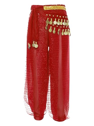 MSemis Mädchen Bauchtanzhose Pailletten Bloomers Laterne Hosen Haremshose Elastischer Bund Pailletten Dots Chiffon Hose Karneval Kostüm Rot 134-152 von MSemis
