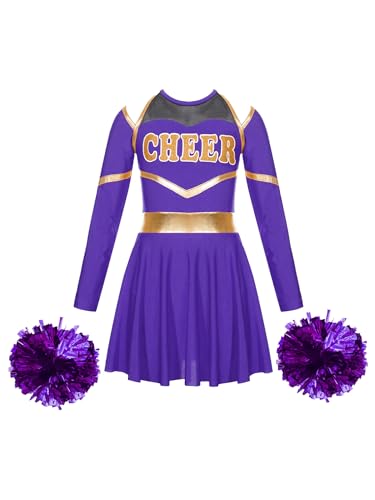 MSemis Mädchen Cheer Leader Kleid Cheerleading Kostüm Äremllos/Langarm Tanzkleid Kinder Karneval Fasching Kostüm Gr.110-164 Violett E 122-128 von MSemis