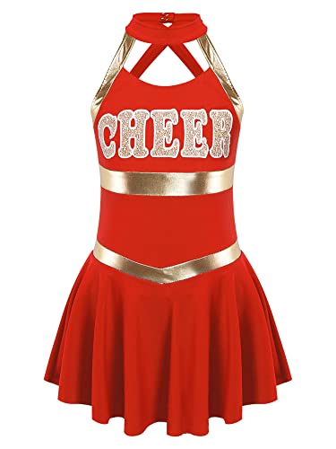 MSemis Mädchen Cheer Leader Kleid Cheerleading Kostüm Äremllos/Langarm Tanzkleid Kinder Karneval Fasching Kostüm Gr.110-164 Rot 122-128 von MSemis