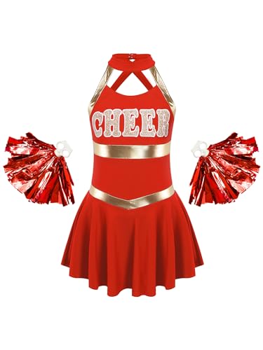 MSemis Mädchen Cheer Leader Kleid Cheerleading Kostüm Äremllos/Langarm Tanzkleid Kinder Karneval Fasching Kostüm Gr.110-164 Rot A 158-164 von MSemis