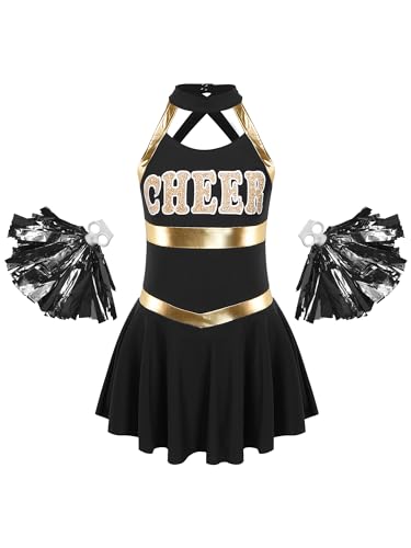 MSemis Mädchen Cheer Leader Kleid Cheerleading Kostüm Äremllos/Langarm Tanzkleid Kinder Karneval Fasching Kostüm Gr.110-164 Schwarz A 134-140 von MSemis