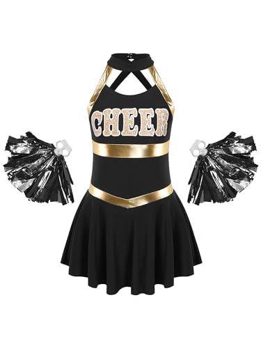MSemis Mädchen Cheer Leader Kostüm Ärmellose Tanzkleid Cheerleading Outfit mit Pompoms Schulmädchen Uniform Halloween Karneval Schwarz 170-176 von MSemis