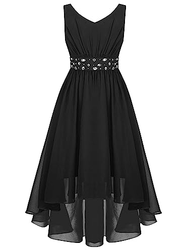 MSemis Mädchen Chiffon Kleider Festlich Hochzeit Blumenkinder Ärmellos V-Ausschnitt Partykleid Sommerkleid Glänzend Festkleider gr. 116-176 Schwarz 158-164 von MSemis