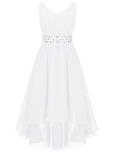 MSemis Mädchen Chiffon Kleider Festlich Hochzeit Blumenkinder Ärmellos V-Ausschnitt Partykleid Sommerkleid Glänzend Festkleider gr. 116-176 Weiß 134-140 von MSemis