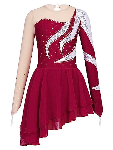 MSemis Mädchen Eislaufkleid Wettbewerb Kostüm Kinder Eiskunstlauf Kleid Kinder Ballettkleid Mesh-Spleiß Gymnastikanzug Sportbody Gr.104-176 Rot A 158-164 von MSemis