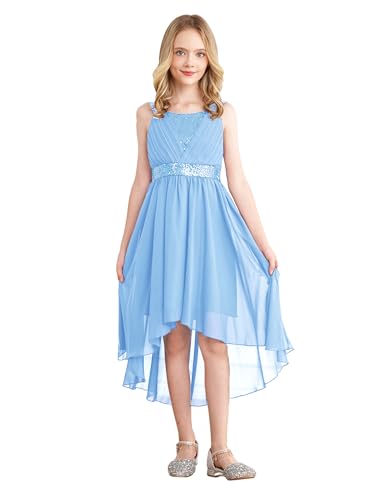 MSemis Mädchen Festlich Chiffonkleider Kinder Glänzendes Pailletten Prinzessin Kleid Tüll Blumen Partykleid Festkleid Tüllrock Hochzeit Festzug Outfits gr. 98-152 Blau 122-128 von MSemis