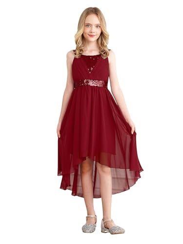 MSemis Mädchen Festlich Chiffonkleider Kinder Glänzendes Pailletten Prinzessin Kleid Tüll Blumen Partykleid Festkleid Tüllrock Hochzeit Festzug Outfits gr. 98-152 Burgundy 146-152 von MSemis