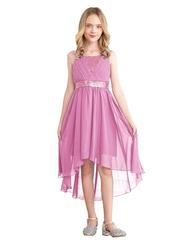 MSemis Mädchen Festlich Chiffonkleider Kinder Glänzendes Pailletten Prinzessin Kleid Tüll Blumen Partykleid Festkleid Tüllrock Hochzeit Festzug Outfits gr. 98-152 Rosa 158-164 von MSemis