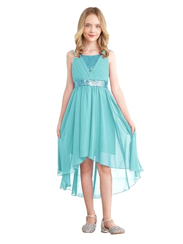 MSemis Mädchen Festlich Chiffonkleider Kinder Glänzendes Pailletten Prinzessin Kleid Tüll Blumen Partykleid Festkleid Tüllrock Hochzeit Festzug Outfits gr. 98-152 Türkis 170-176 von MSemis