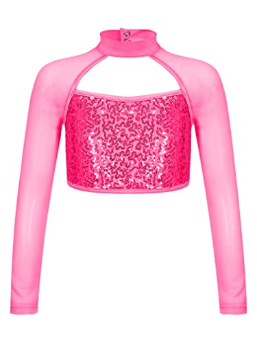 MSemis Mädchen Glänzend Crop Top Pailletten Langarm Mesh T-Shirts Bauchfrei Kinder Tanz Sport Fitness Top Oberteile Performence Tanzkleidung Hot Pink 146-152 von MSemis