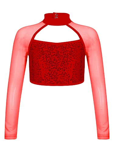 MSemis Mädchen Glänzend Crop Top Pailletten Langarm Mesh T-Shirts Bauchfrei Kinder Tanz Sport Fitness Top Oberteile Performence Tanzkleidung Rot 146-152 von MSemis