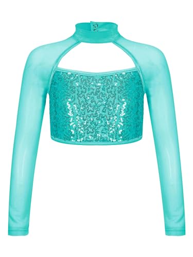 MSemis Mädchen Glänzend Crop Top Pailletten Langarm Mesh T-Shirts Bauchfrei Kinder Tanz Sport Fitness Top Oberteile Performence Tanzkleidung See Blau 134-140 MSemis Mädchen Glänzend Crop Top Pailletten Langarm Mesh T-Shirts Bauchfrei Kinder Tanz Sport Fitness Top Oberteile Performence Tanzkleidung See Blau 134-140 von MSemis