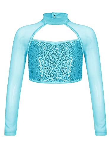 MSemis Mädchen Glänzend Crop Top Pailletten Langarm Mesh T-Shirts Bauchfrei Kinder Tanz Sport Fitness Top Oberteile Performence Tanzkleidung See Blau 158-164 von MSemis