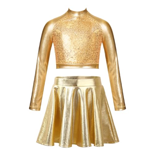 MSemis Mädchen Glänzend Zweiteiler Tanz Outfit Langarm Tanzshirts +Tanzrock Hip-Hop Jazz Tanz Kleidung Gold 110-116 von MSemis