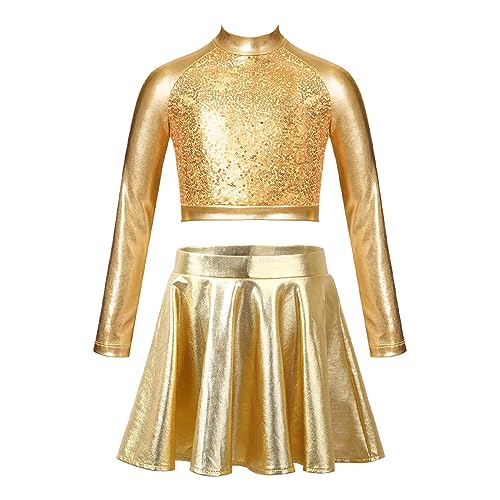 MSemis Mädchen Glänzend Zweiteiler Tanz Outfit Langarm Tanzshirts +Tanzrock Hip-Hop Jazz Tanz Kleidung Gold 122-128 von MSemis