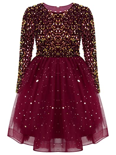 MSemis Mädchen Glänzende Prinzessin Kleid Samt Tüll Partykleid Festlich Hochzeit Langarm Weihnachtskleid Kinder Weihnachten Festzug Kleidung Gr. 92-152 Rot 92-98 von MSemis