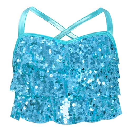 MSemis Mädchen Glittery Pailletten Sport Top Bauchfrei Ärmellos Trägertop Ballett Tanz Oberteil Party Disco Kostüm Hellblau 110-116 von MSemis