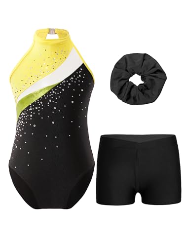 MSemis Mädchen Gymnastikanzug Ärmellos Turnanzug Trikotanzug Gymnastik Tanz Training Gymnastikbody mit Shorts Kurze Hose und Haarband Wettbewerb Sport Set Gelb Schwarz 146-152 von MSemis