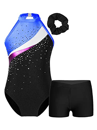 MSemis Mädchen Gymnastikanzug Ärmellos Turnanzug Trikotanzug Gymnastik Tanz Training Gymnastikbody mit Shorts Kurze Hose und Haarband Wettbewerb Sport Set Schwarz&Königsblau 134-140 von MSemis