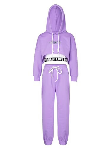 MSemis Mädchen Hip Hop Street Dance Kleidung Set Jazz Dancewear Langarm Crop Top + Sweatpants für 4-16 Jahre Helles Lila F 170-176 von MSemis