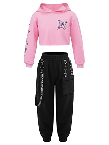 MSemis Mädchen Hip Hop Street Dance Kleidung Set Jazz Dancewear Langarm Crop Top + Sweatpants für 4-16 Jahre Rosa 170-176 von MSemis