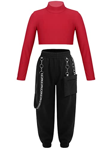 MSemis Mädchen Hip Hop Street Dance Kleidung Set Jazz Dancewear Langarm Crop Top + Sweatpants für 4-16 Jahre Rot 146-152 von MSemis