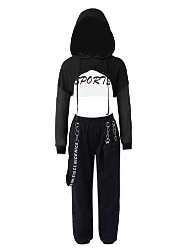 MSemis Mädchen Hip Hop Street Dance Kleidung Set Jazz Dancewear Langarm Crop Top + Sweatpants für 4-16 Jahre Schwarz B 164 von MSemis