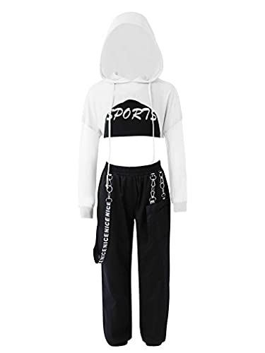 MSemis Mädchen Hip Hop Street Dance Kleidung Set Jazz Dancewear Langarm Crop Top + Sweatpants für 4-16 Jahre Weiß B 176 von MSemis