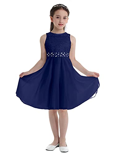 MSemis Mädchen Kleid Festlich Prinzessin Ärmellos Partykleid Festzug Stickerei Prom Blumenmädchen Kleider Chiffon Hochzeits Kommunionskleid Gr.92-164 A Marineblau 116 von MSemis