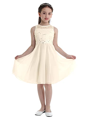 MSemis Mädchen Kleid Festlich Prinzessin Ärmellos Partykleid Festzug Stickerei Prom Blumenmädchen Kleider Chiffon Hochzeits Kommunionskleid Gr.92-164 Beige 116 von MSemis