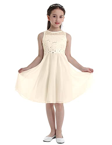 MSemis Mädchen Kleid Festlich Prinzessin Ärmellos Partykleid Festzug Stickerei Prom Blumenmädchen Kleider Chiffon Hochzeits Kommunionskleid Gr.92-164 Beige 140 von MSemis