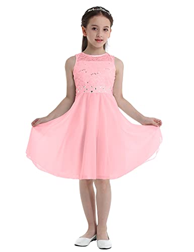 MSemis Mädchen Kleid Festlich Prinzessin Ärmellos Partykleid Festzug Stickerei Prom Blumenmädchen Kleider Chiffon Hochzeits Kommunionskleid Gr.92-164 Perlrosa 176 von MSemis