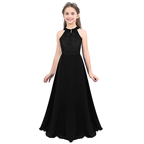 MSemis Mädchen Kleider Festlich Partykleid Lange Chiffon Brautjungfern Kleider Hochzeit Blumenmädchenkleid Festkleider Gr.98-176 Schwarz 146-152 von MSemis