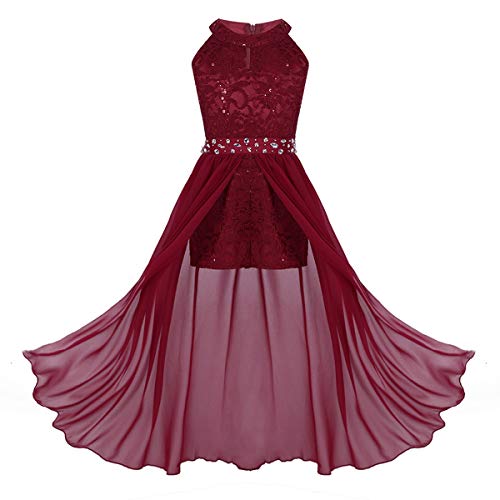 MSemis Mädchen Kleider Festlich Prinzessin Blumen Spitzen Hochzeits Festzug Kleid für Kinder Blumenmädchenkleid Gr.110-164 Burgundy 134-140 von MSemis