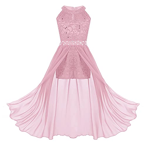 MSemis Mädchen Kleider Festlich Prinzessin Blumen Spitzen Hochzeits Festzug Kleid für Kinder Blumenmädchenkleid Gr.110-164 Rosa 146-152 von MSemis