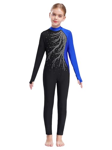 MSemis Mädchen Langarm Ballettanzug Einteiliger Gymnastikanzug Turnanzug Langarm Bodysuit Sport Overall Ganzkörperanzug 5-12 Jahre Blau 146-152 von MSemis