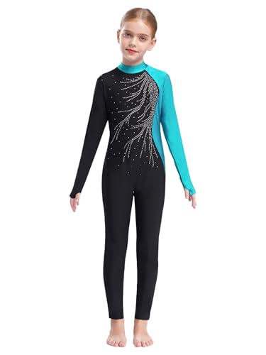MSemis Mädchen Langarm Ballettanzug Einteiliger Gymnastikanzug Turnanzug Langarm Bodysuit Sport Overall Ganzkörperanzug 5-12 Jahre Blau Grün 170-176 von MSemis