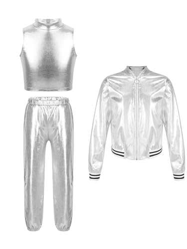 MSemis Mädchen Metallic Trainingsanzug 3-teiliges Langarm Jacke +Tank Top +Lang Hosen Glänzende Tanzanzug Streetwear Silber 158-164 von MSemis