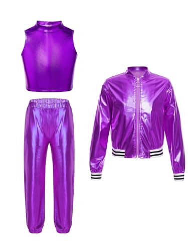 MSemis Mädchen Metallic Trainingsanzug 3-teiliges Langarm Jacke +Tank Top +Lang Hosen Glänzende Tanzanzug Streetwear Violett 146-152 von MSemis