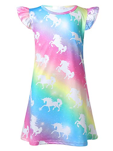 MSemis Mädchen Nachthemden Regenbogen Prinzessin Kleider Kurzarm Meerjungfrau Pyjamas Nachtwäsche Schlafanzug Baumwolle gr.98-140 Bunt Einhorn 122-128 von MSemis