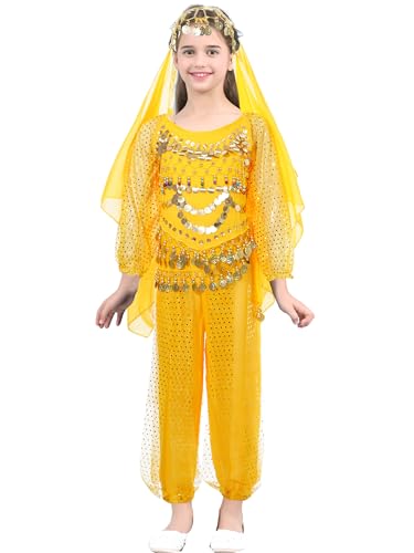 MSemis Mädchen Paillette Bauchtanz Kostüme Kinder Bauchtanz Tanz Tuch Bauchtanz Tänzer Outfit Sets Prinzessin Karneval Cosplay Faschingskostüm Gelb 128-134 von MSemis